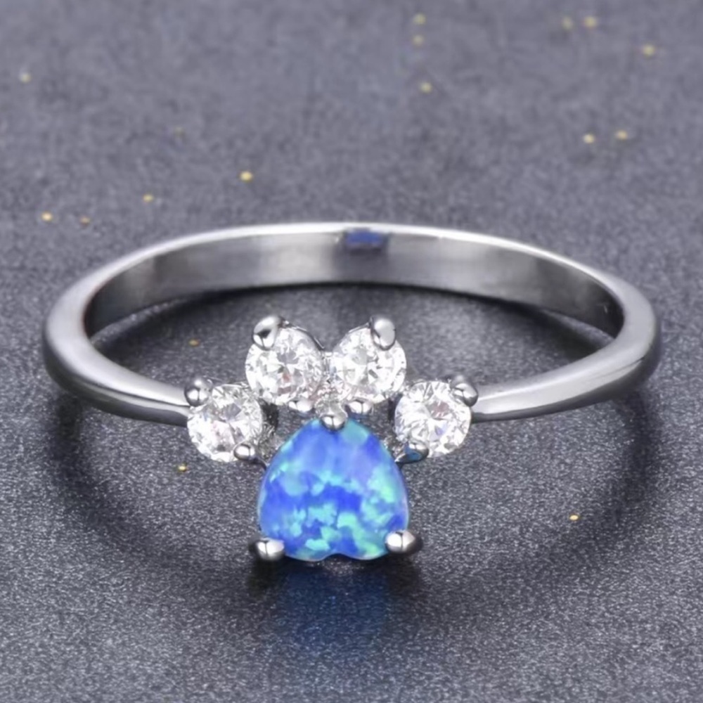 Paw Print 🐾 Blue Fire Opal and Cubic Zirconia Lab Created Ring Size 9
